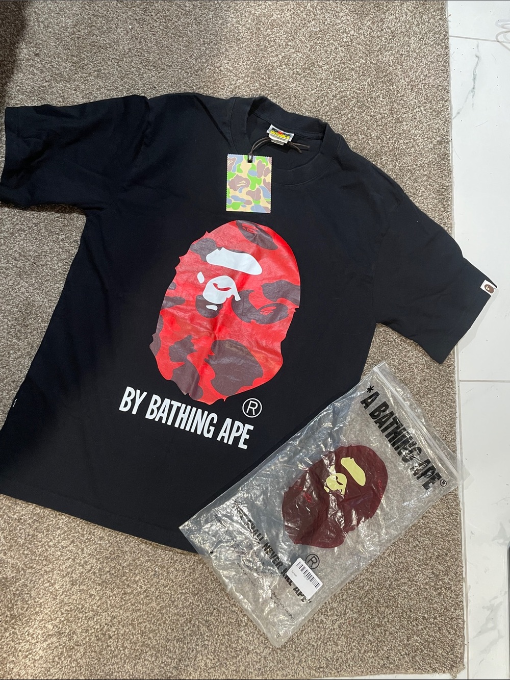 Bape Black Kids Tee with Red Camo Ape Head